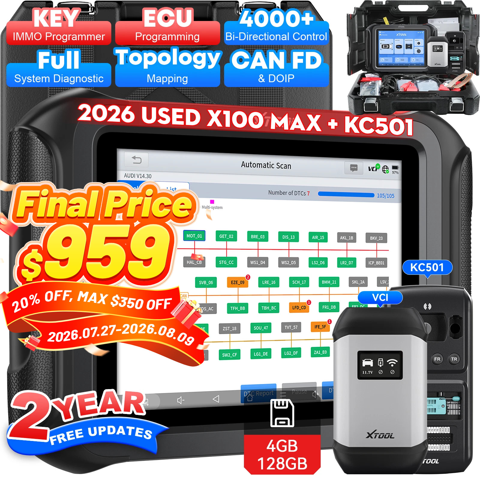 USED XTOOL X100 MAX IMMO Key Programmer Auto Diagnostic Tool Topology Mapping