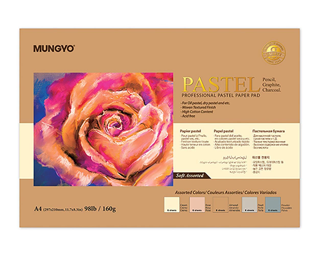 MUNGYO Professional Pastel Paper Pad A4 30 Sheets- A4, Soft Colors Assorted