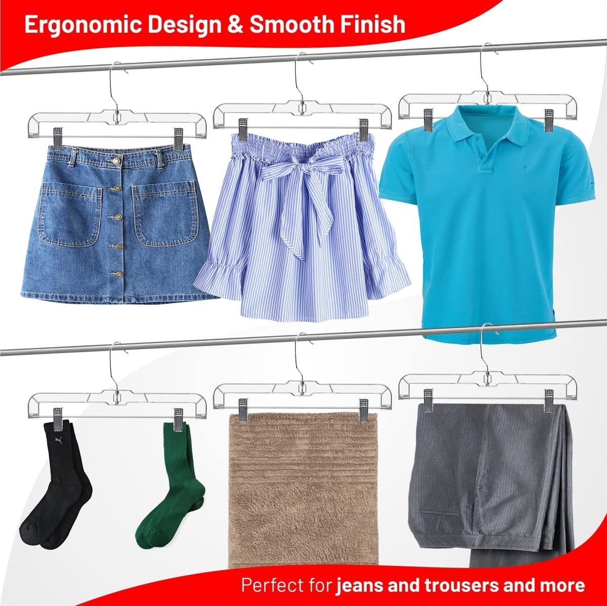 Adjustable Clip Hanger, Plastic Skirt Pants Hanger, Non Slip, Clear, 12 Pack