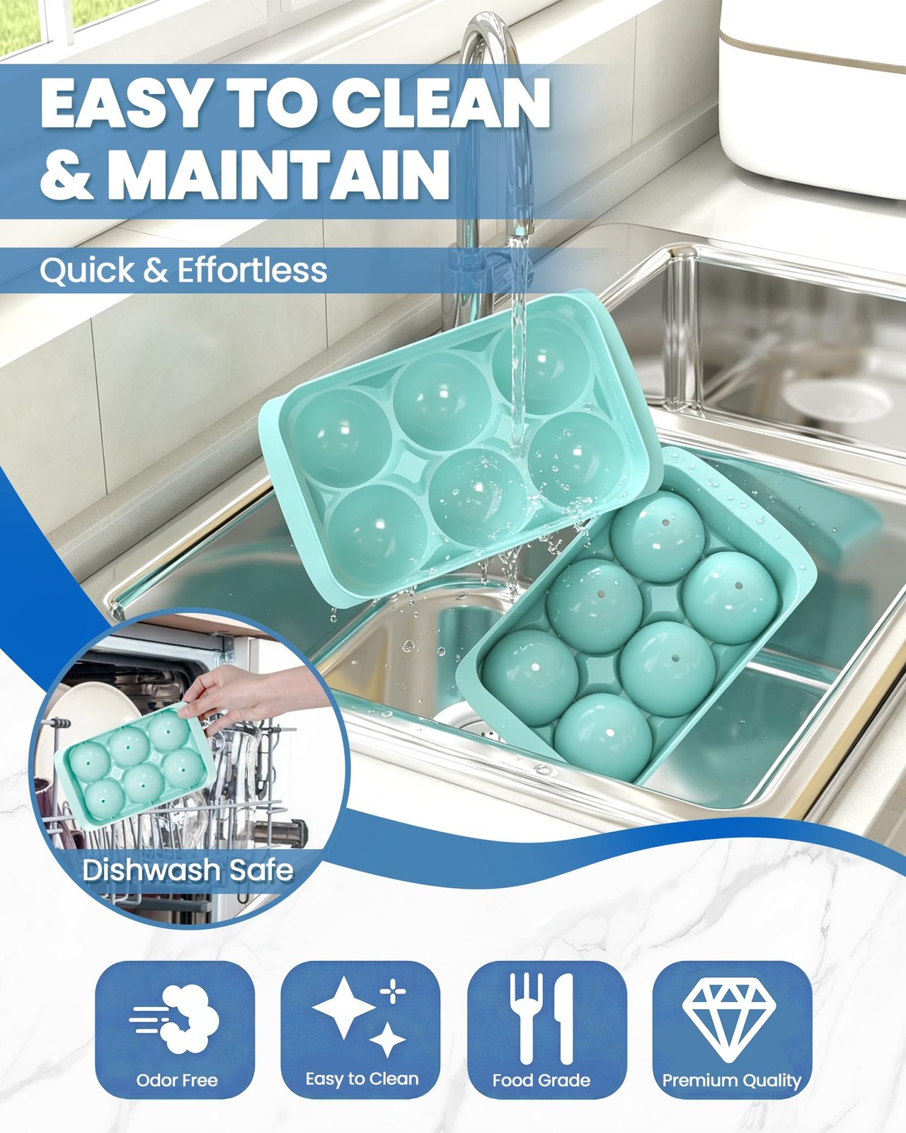 Large Ice Cube Tray for Freezer - 2 Pack Stackable Round 1.93 In, Mint