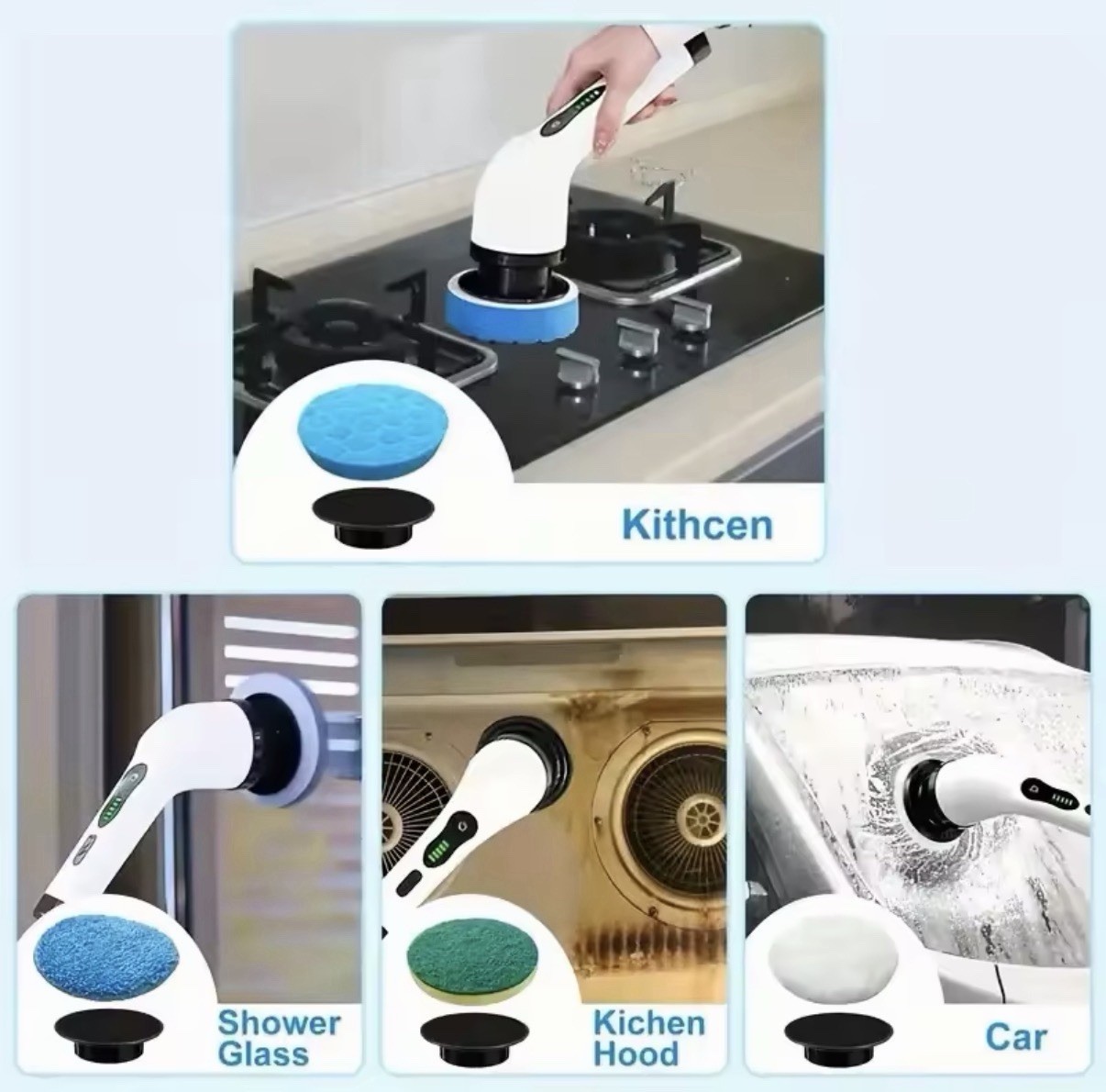 Rechargeable Electric Scrub Brush Kit, 8 Attachments, Adjustable Handle, White