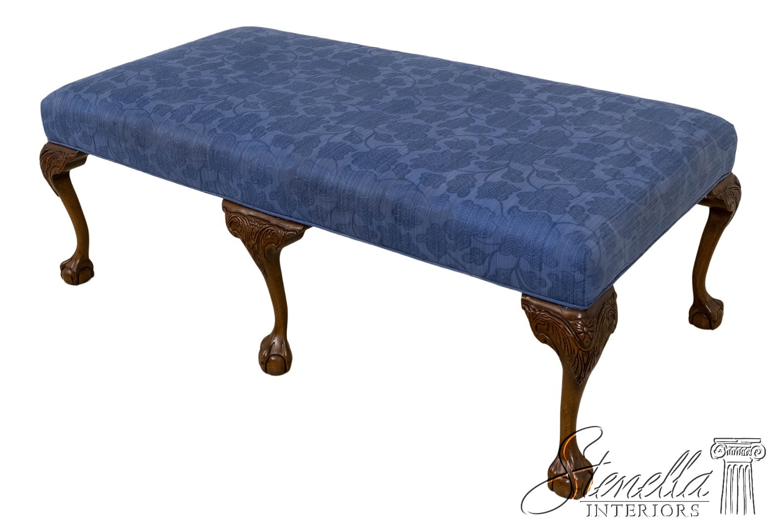70053: SHERRILL Blue Upholstered Ball & Claw Large Ottoman Bench