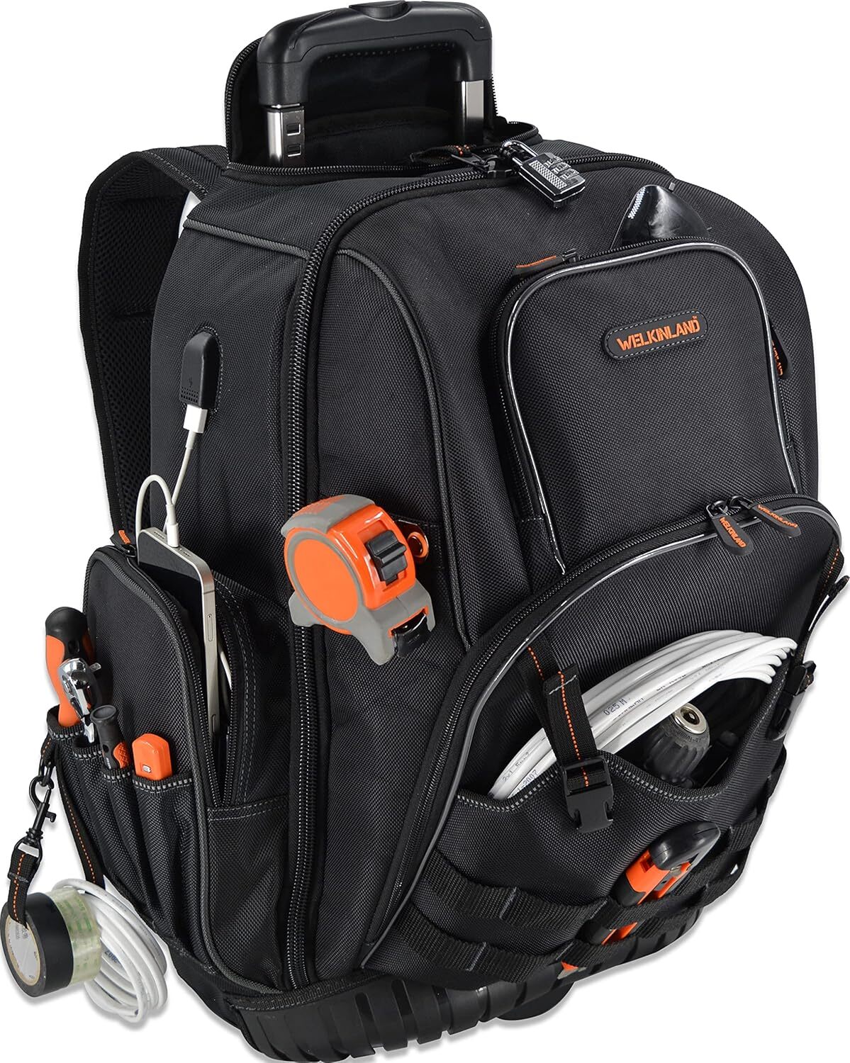 72Pockets Rolling Tool backpack, Large tool bag with wheels, Rolling Electrician