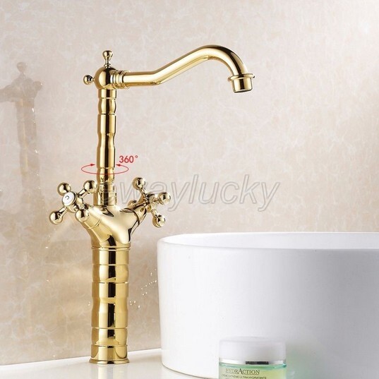 Gold Polished Brass Double Cross Handle Bathroom Sink Mixer Tap Faucet wsf094