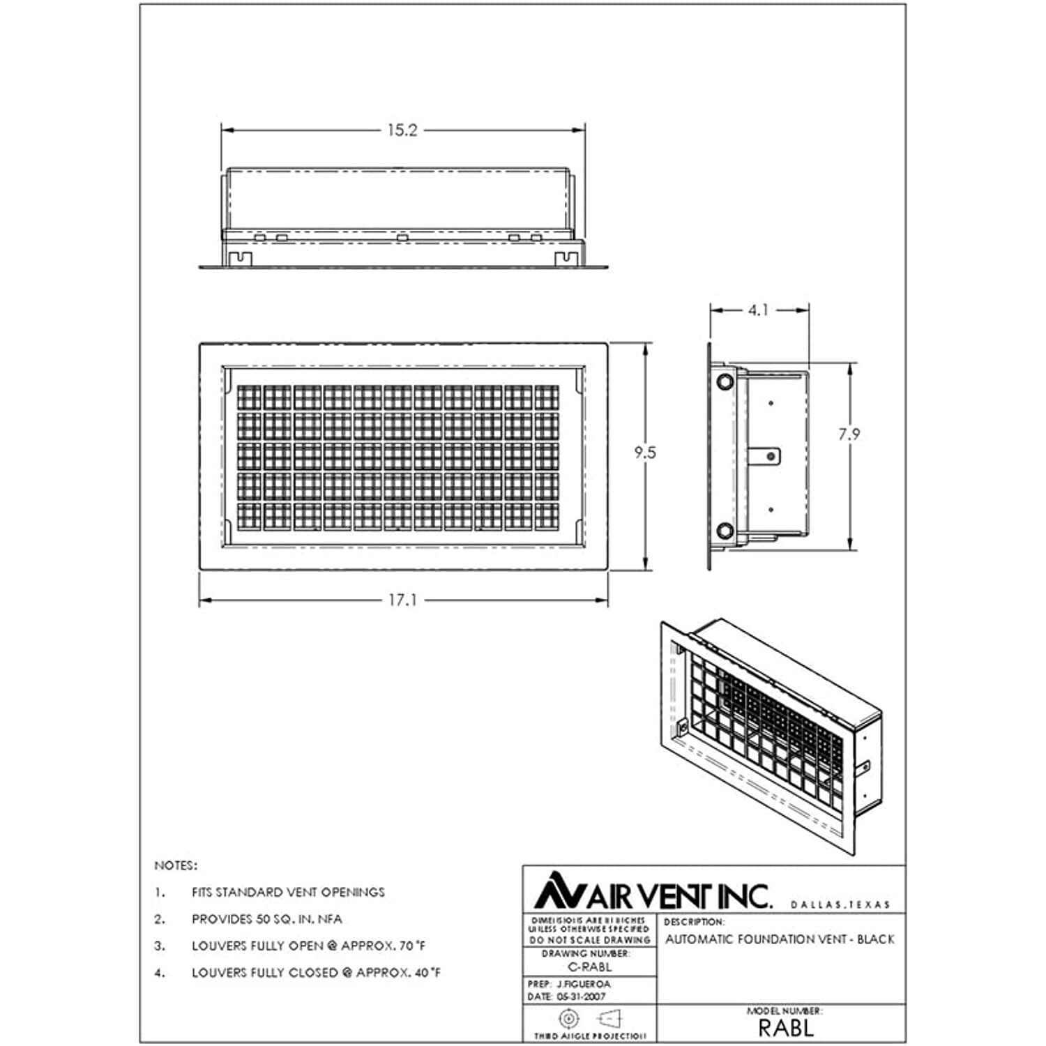 Air Vent RAGR Standard Automatic Foundation Vent, Gray, 50", 1-Qty