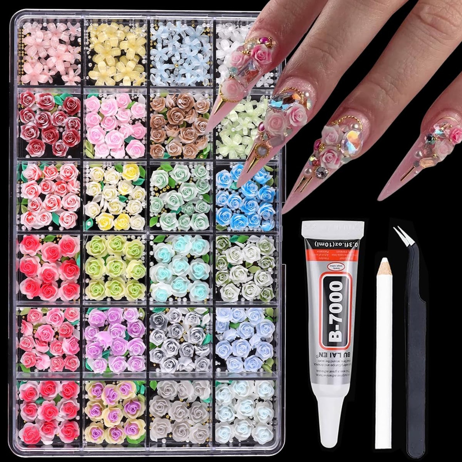 3D Flower Nail Art Charms 24 Grids 3D Rose Flowers for Nails，Flat-Back Re