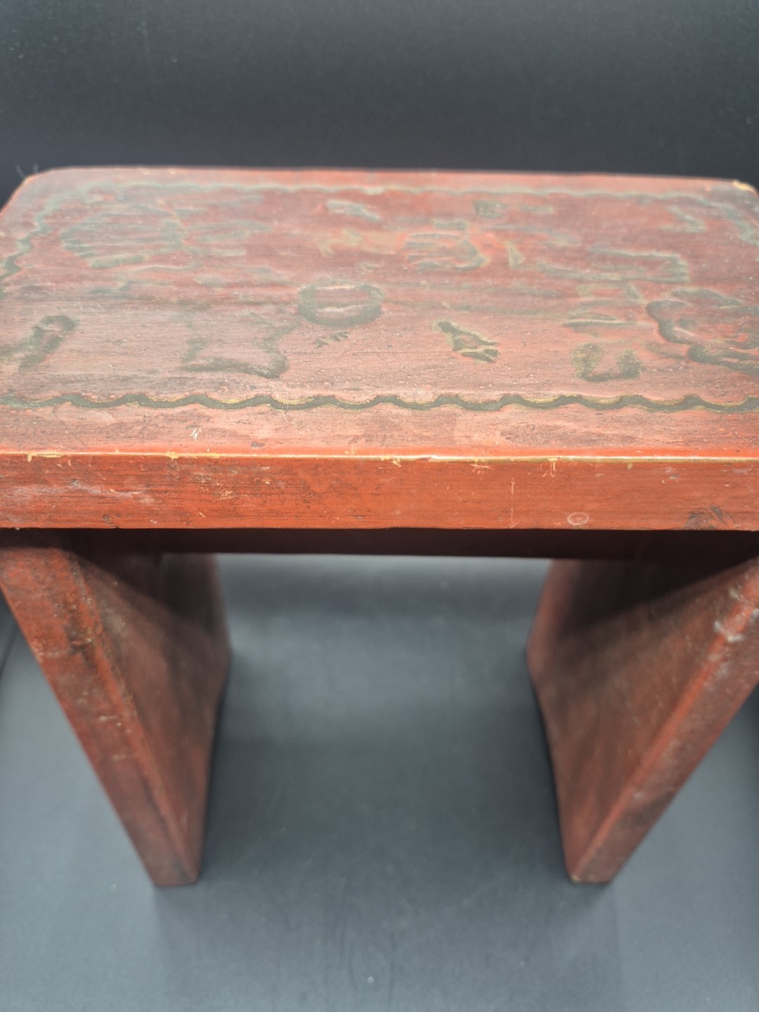 Vintage Folk Art Wooden Stool Engraved Riser