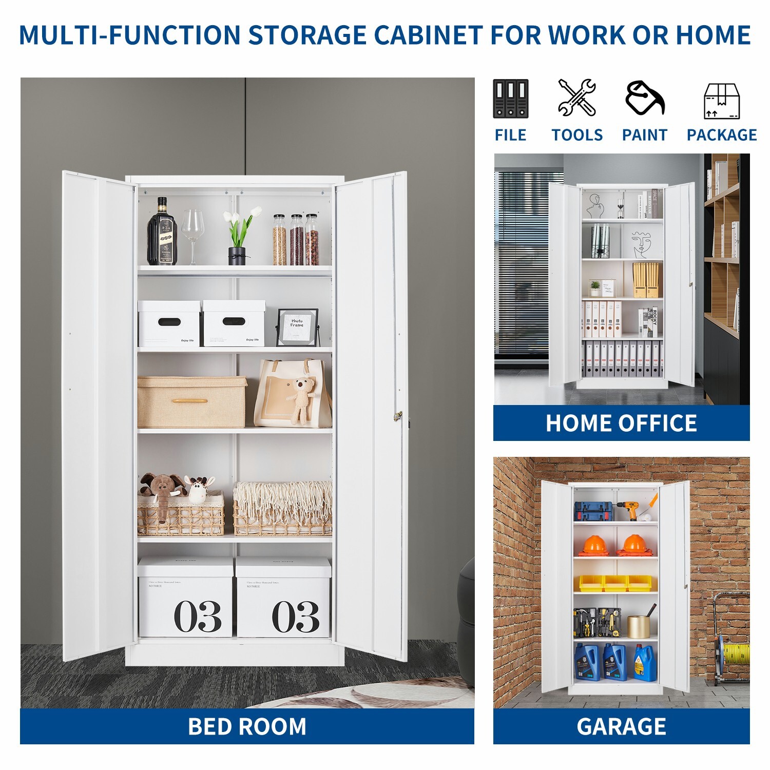Metal Storage Cabinet with 4 Adjustable Shelves 2 Locking Door for Home Garage