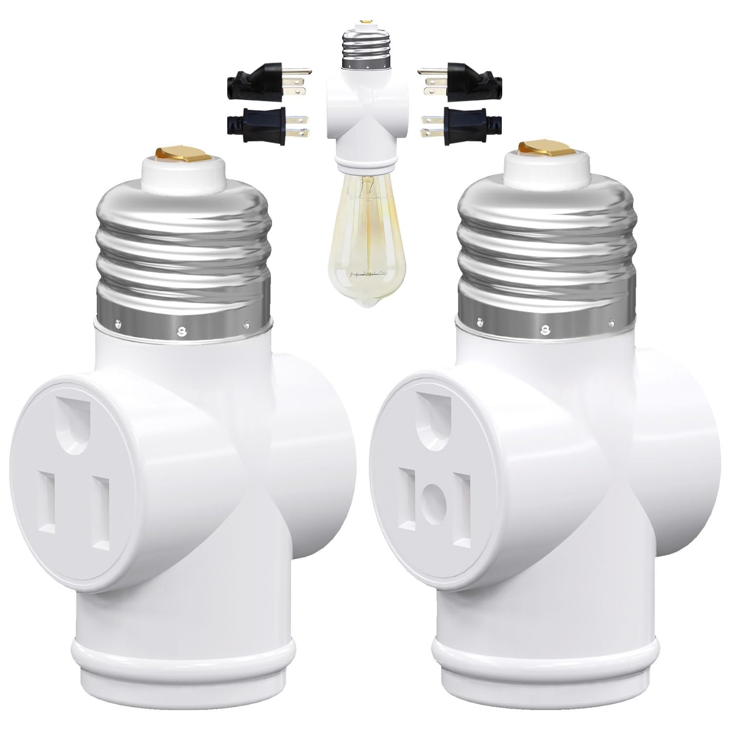 2 Pack, Light Socket to Plug Adapter, Convert E26 Light Socket to 3-Prong Outlet