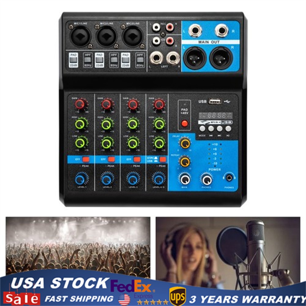 5-Channel Mixer with Bluetooth, USB, and Reverb for Live Audio Mixing