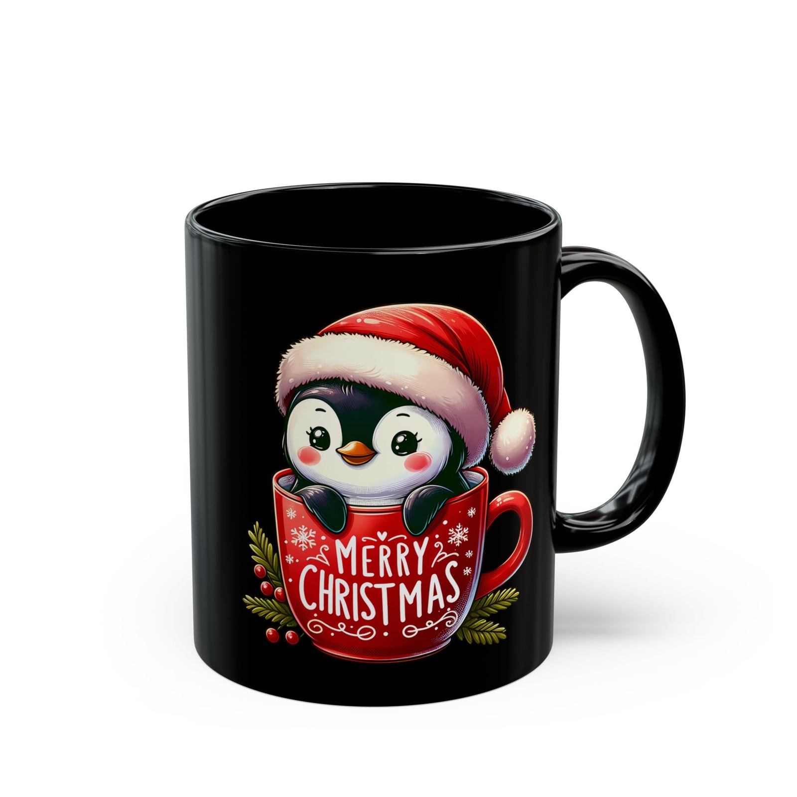 Cute Penguins (Merry Christmas Red) - Black Mug (11oz, 15oz)
