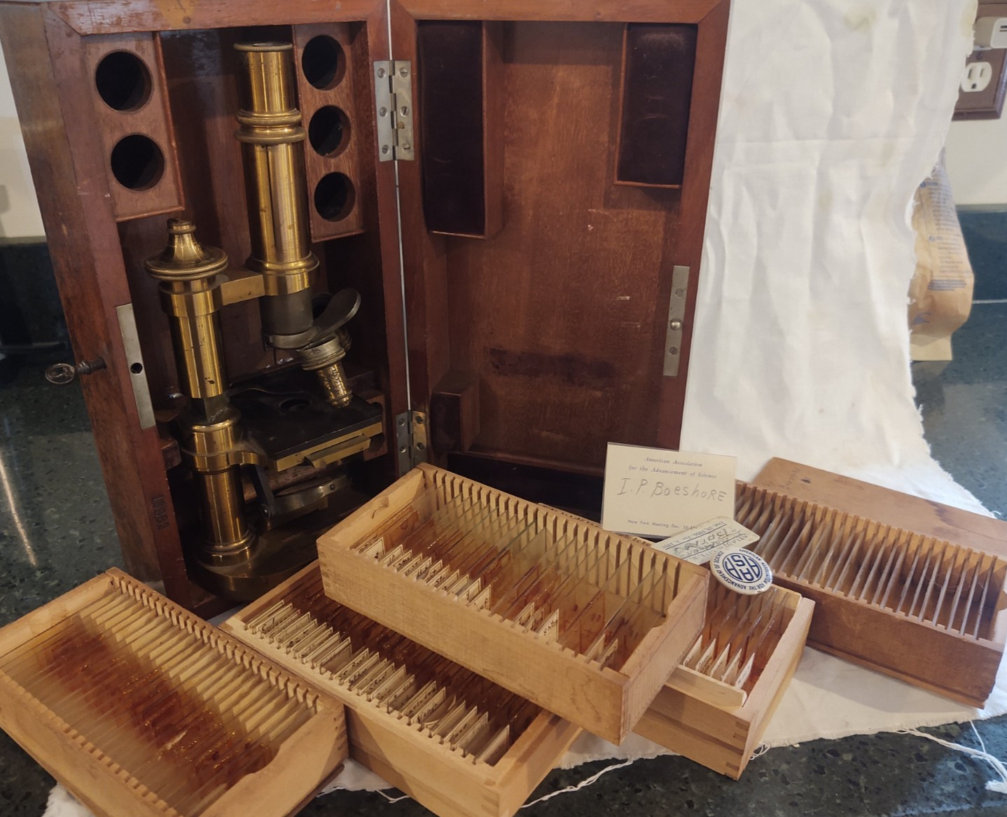 1890 Leitz Wetzlar Brass Microscope serial # 16882 & Slides Dr. Irwin Boeshore