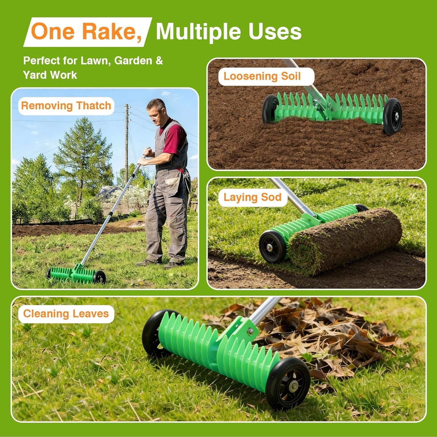 Thatch Rake for Lawn, 15-Inch Dethatcher Rake with Rolls Adjustable 0-15°