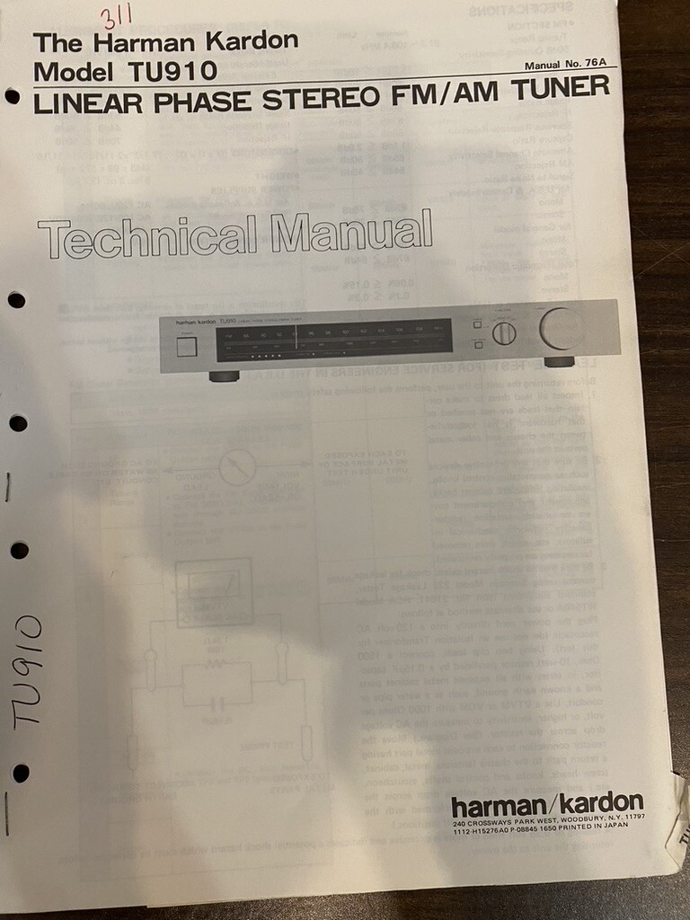 HARMAN KARDON TU910 TU-910 Service Manual *ORIGINAL* BOOK OR PDF-FREE SHIPPING