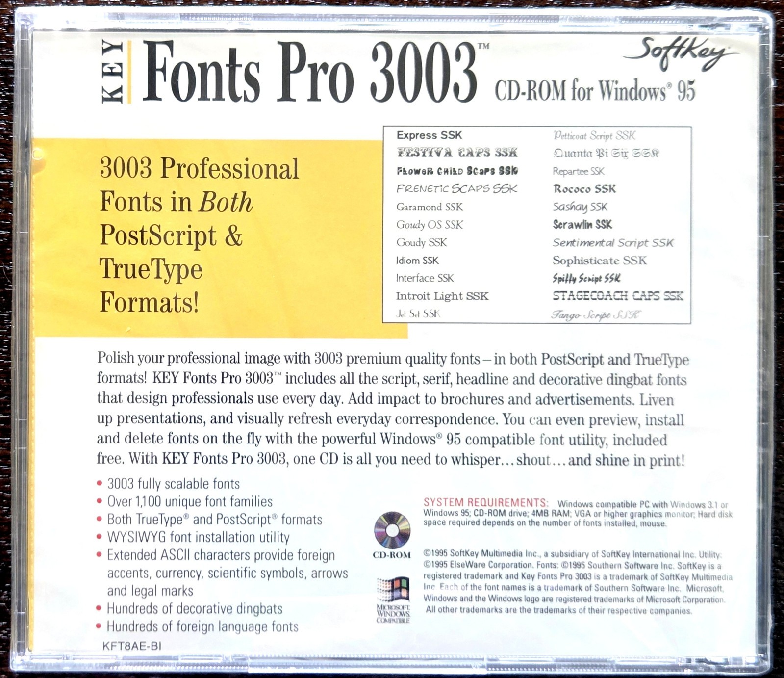 SoftKey Fonts Pro 3003 CD-ROM For Windows 95 - PostScript and TrueType - NEW