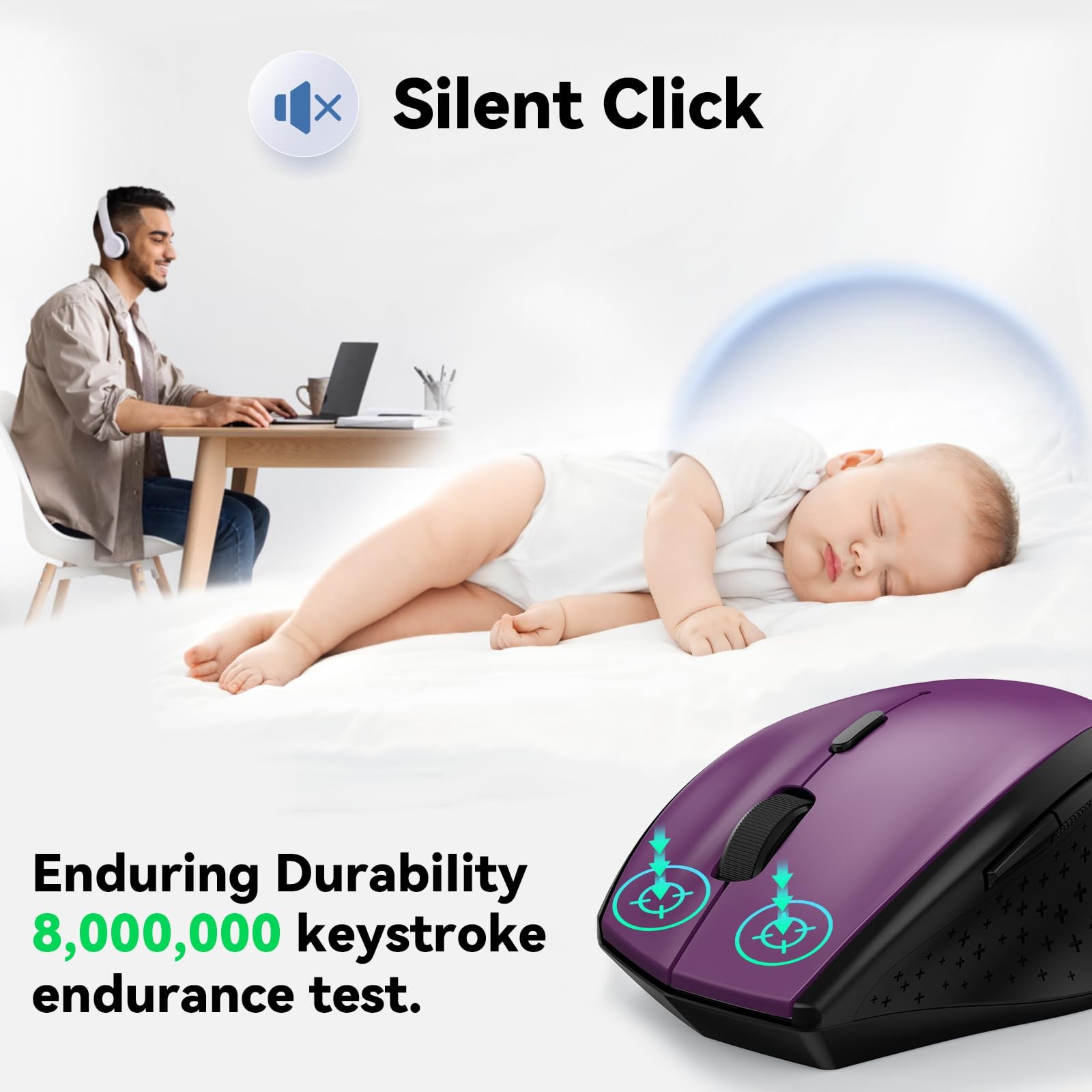 Tecknet Wireless Mouse Purple Adjustable Dpi Ergonomic Design 30 Months Batte...