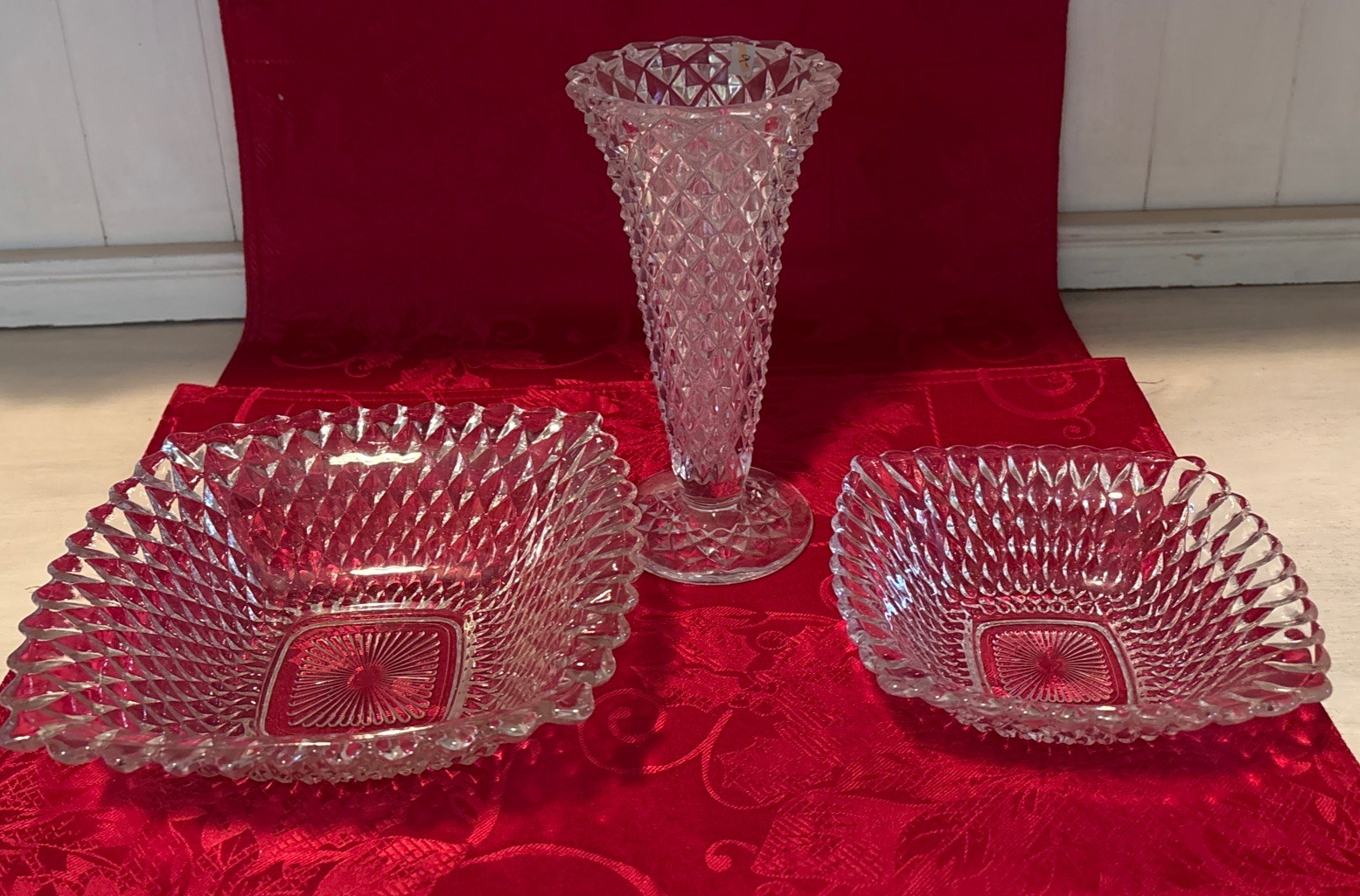 2 Depression Glass - Indiana - Diamond Point Square Dishes  and vase