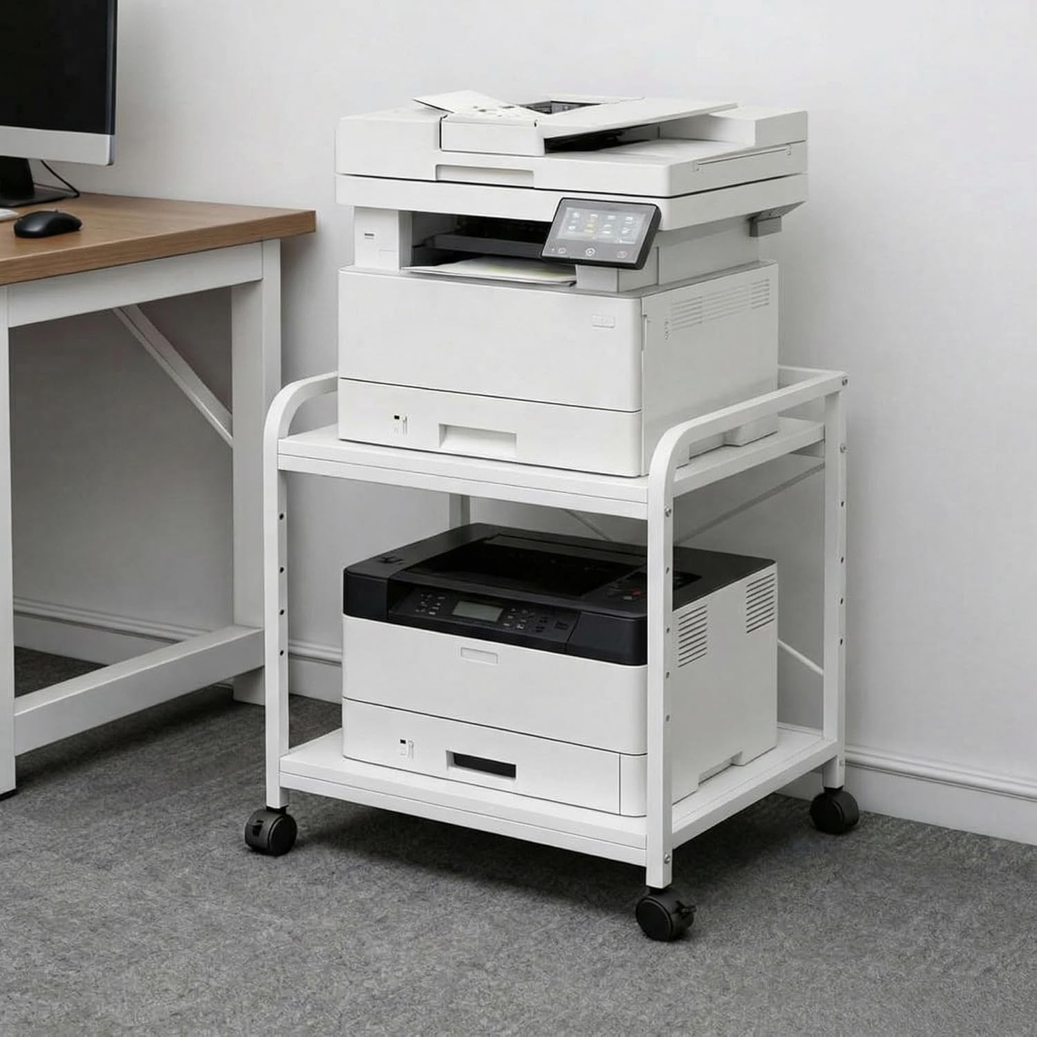 Under Desk Printer Stand 2-Tier Rolling Printer Cart 20'' D Mobile Printer Table