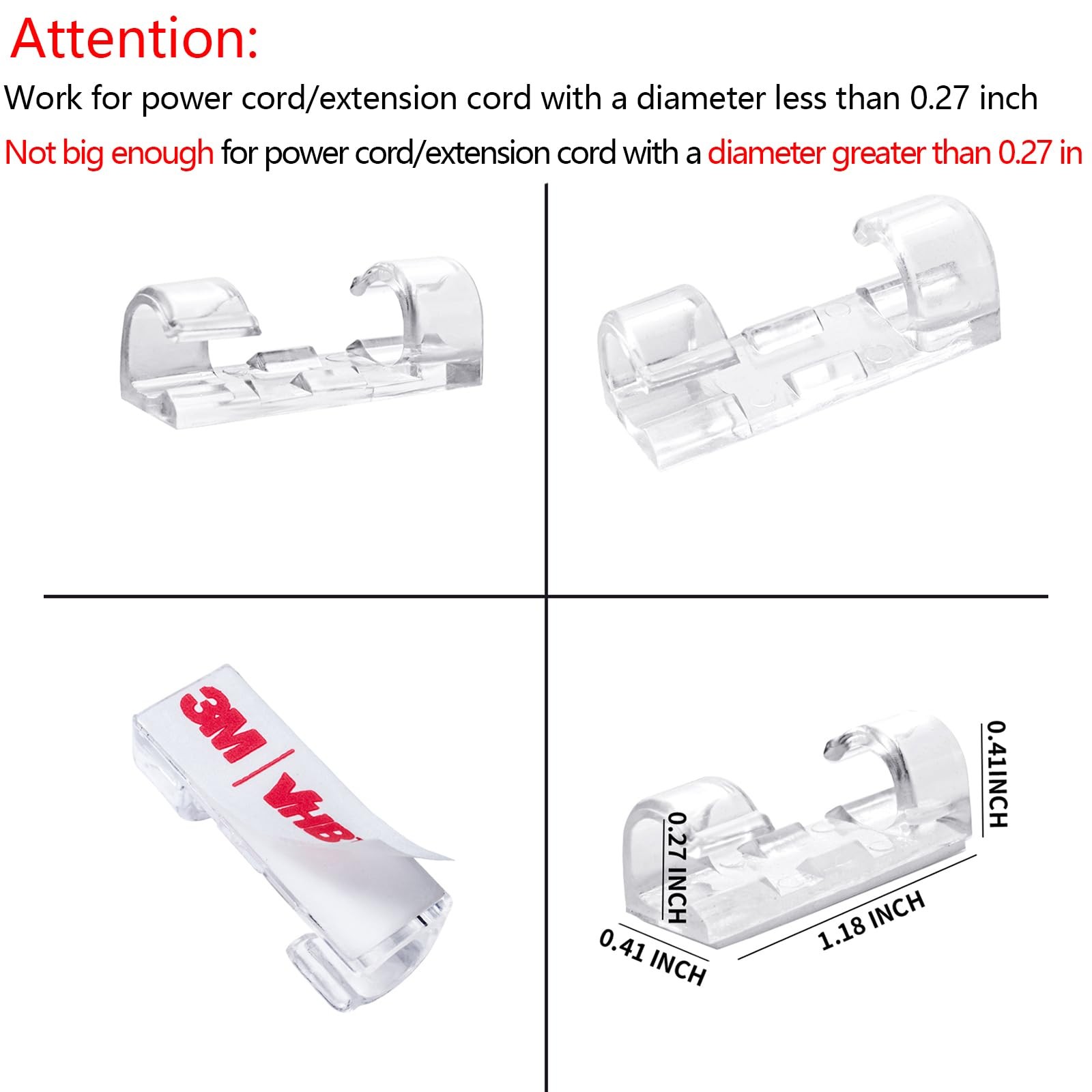 Self-Adhesive Cable Clips Organizer Drop Wire Holder 0.27 inch, Transparent