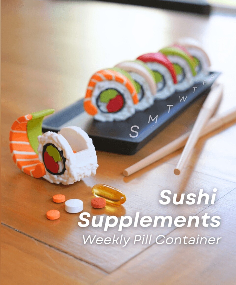 Sushi Supplements - Weekly Pill Organizer, Cute Sushi-Themed Pill Box, Portable