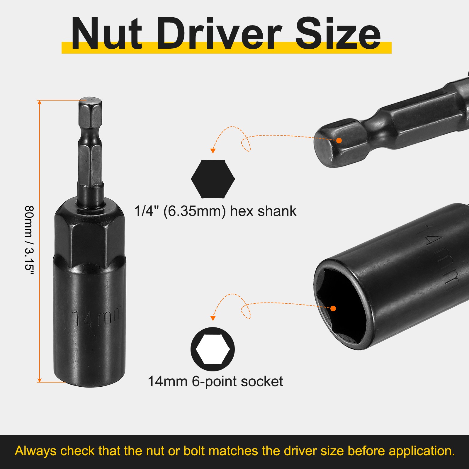 3pcs Nut Driver Drill Bit 14mm Socket 1/4" Hex Shank 3.15" Long Setter Black
