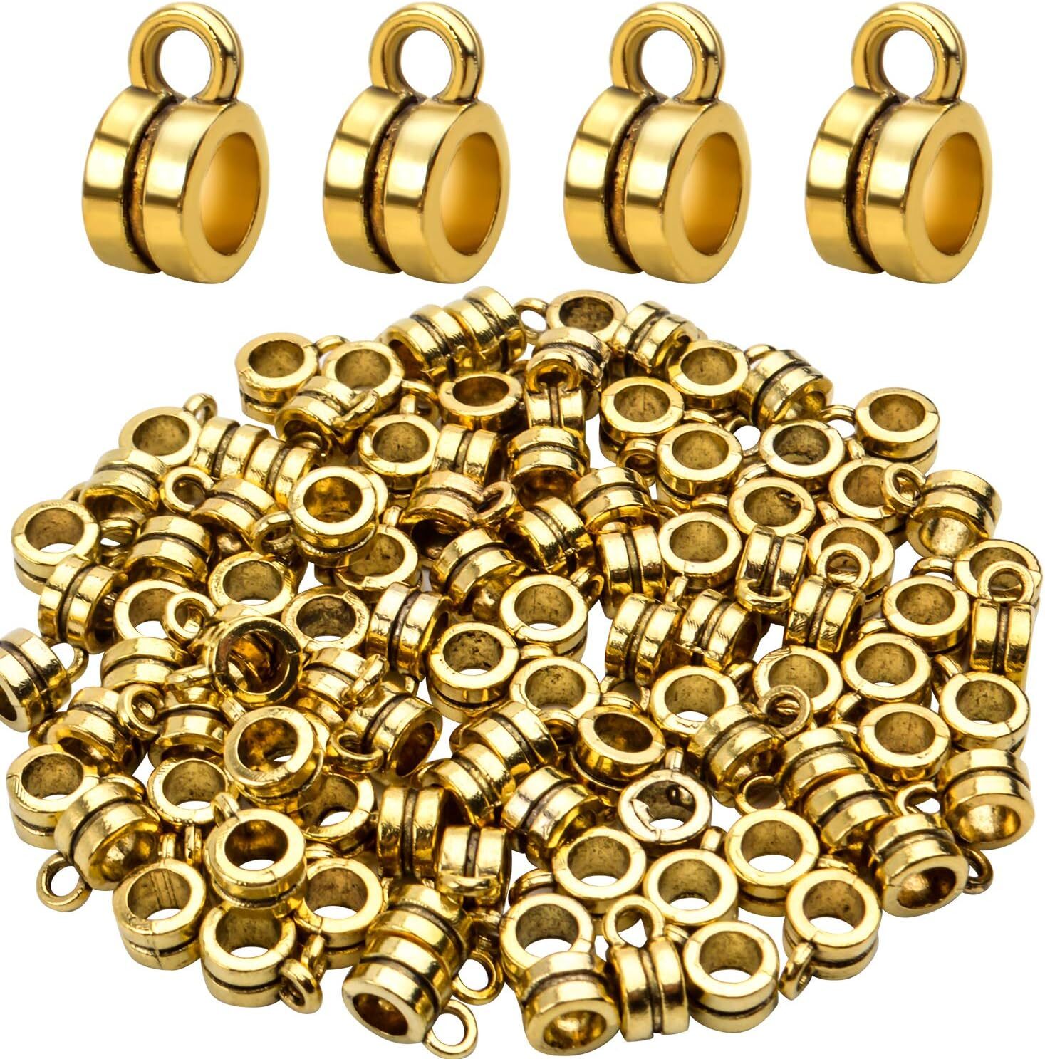 100pcs Bails Beads, Tibetan Bail Tube Bead Spacer Beads Carrier Hanger Gold