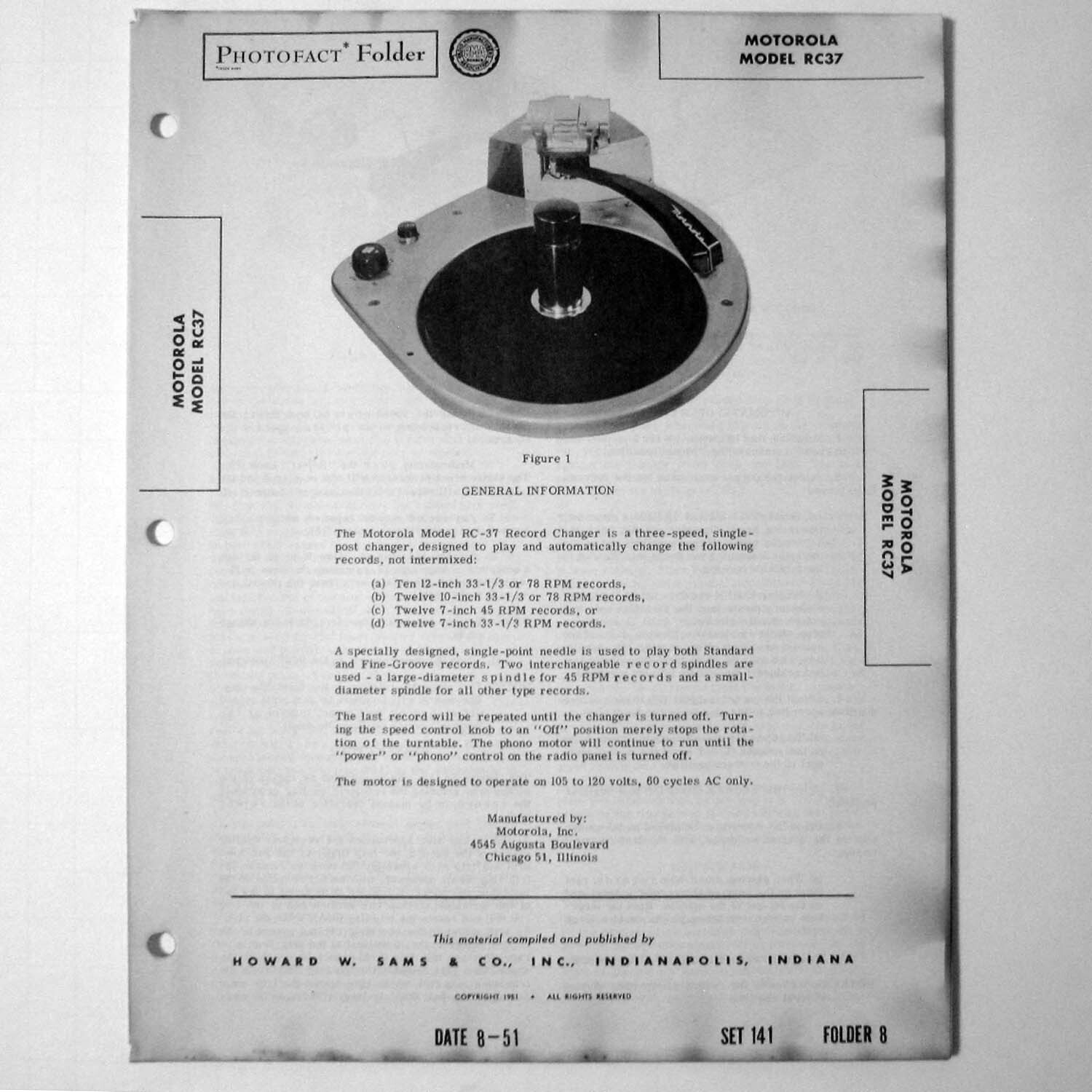 Motorola Model RC37 Record Player Changer Unit - SAMS Photofact ™ 1951 - New