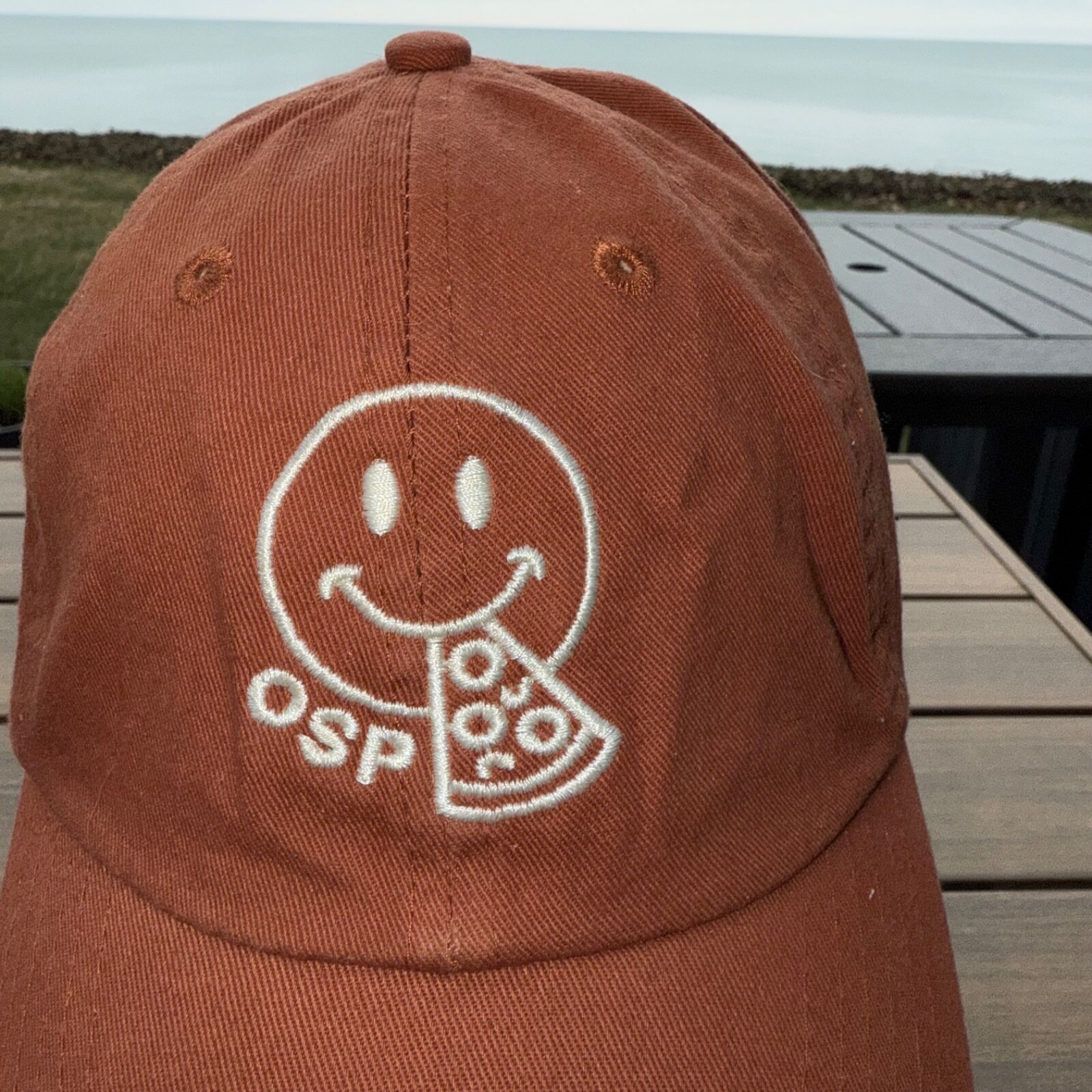 OSP-Old Scratch Pizza white on Rusty Orange Cotton Hat Cap Strap Buckle
