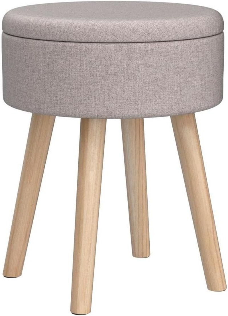 Storage Ottoman Linen Round Vanity Stool Tray Top Modern Foot Stool with Wood Le
