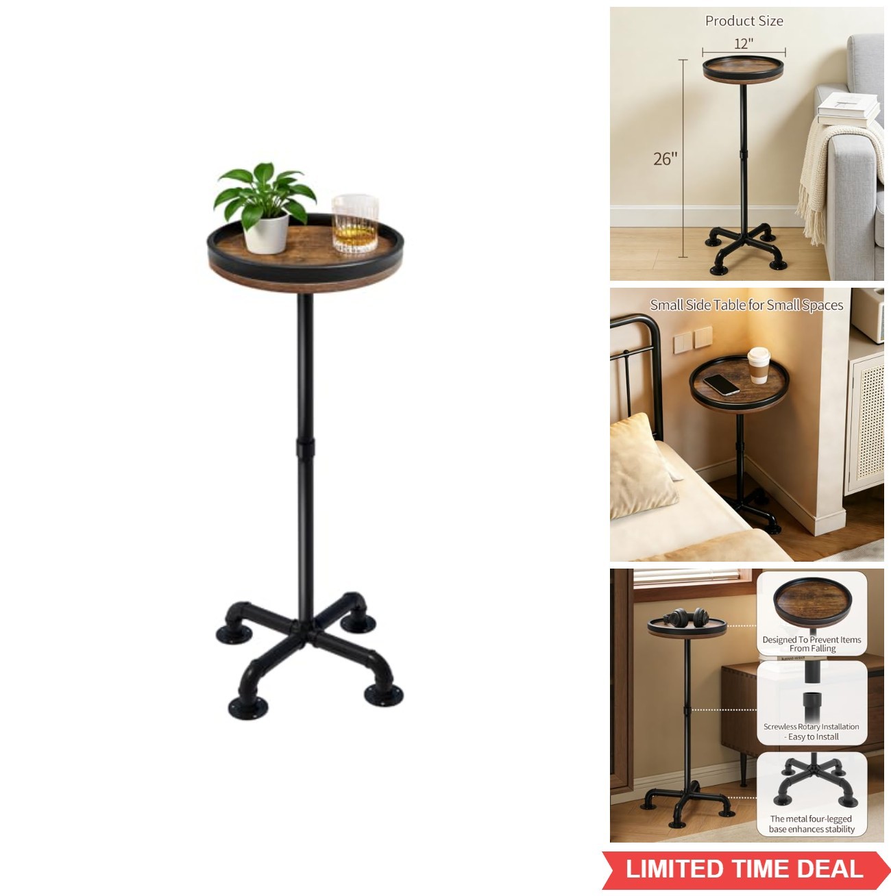 Small Round Side Table 12 Inch 26 Inch Tall Wood Metal No-Tool Assembly Drink
