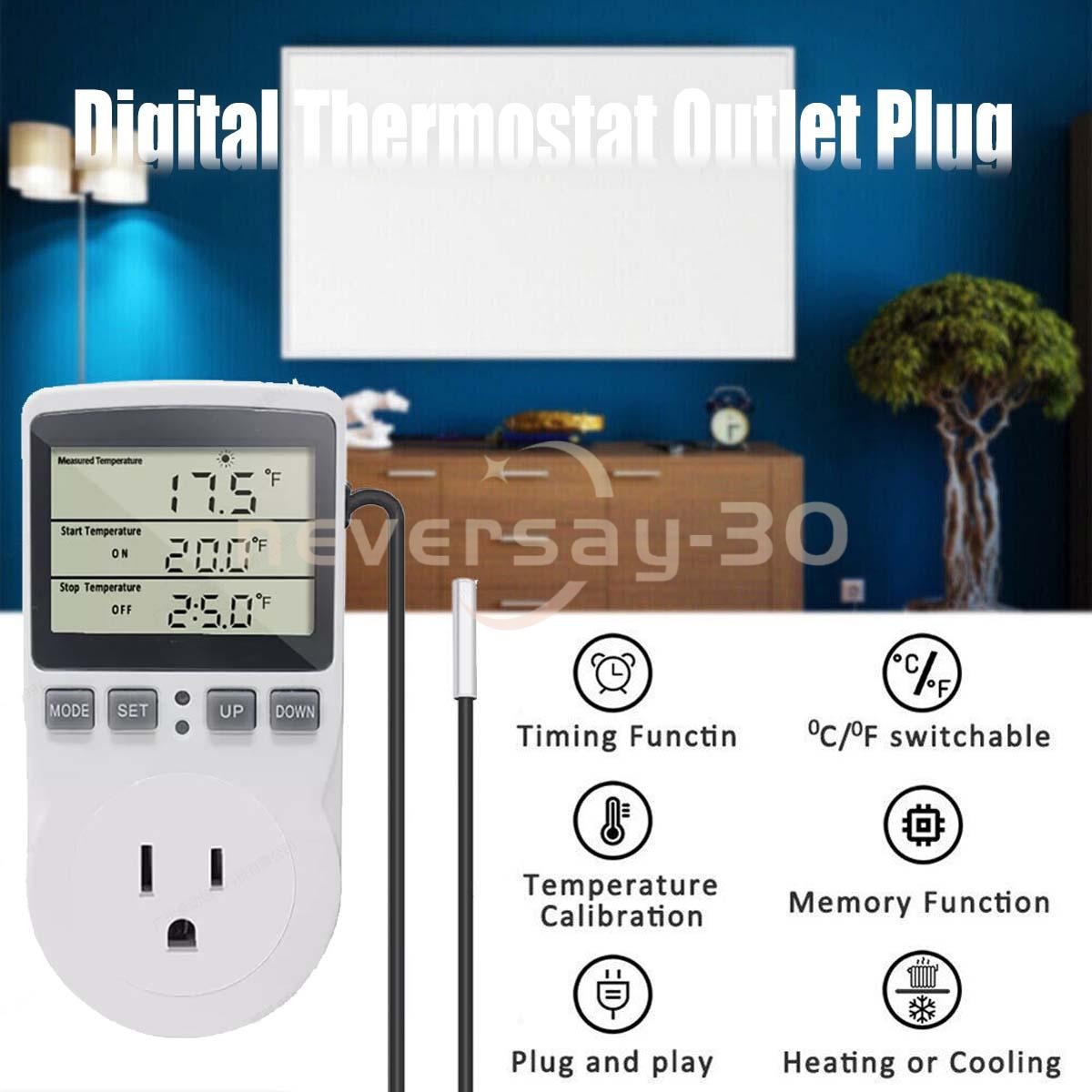 Digital Thermostat Outlet Plug Temperature Controller Heating Cooling with Probe