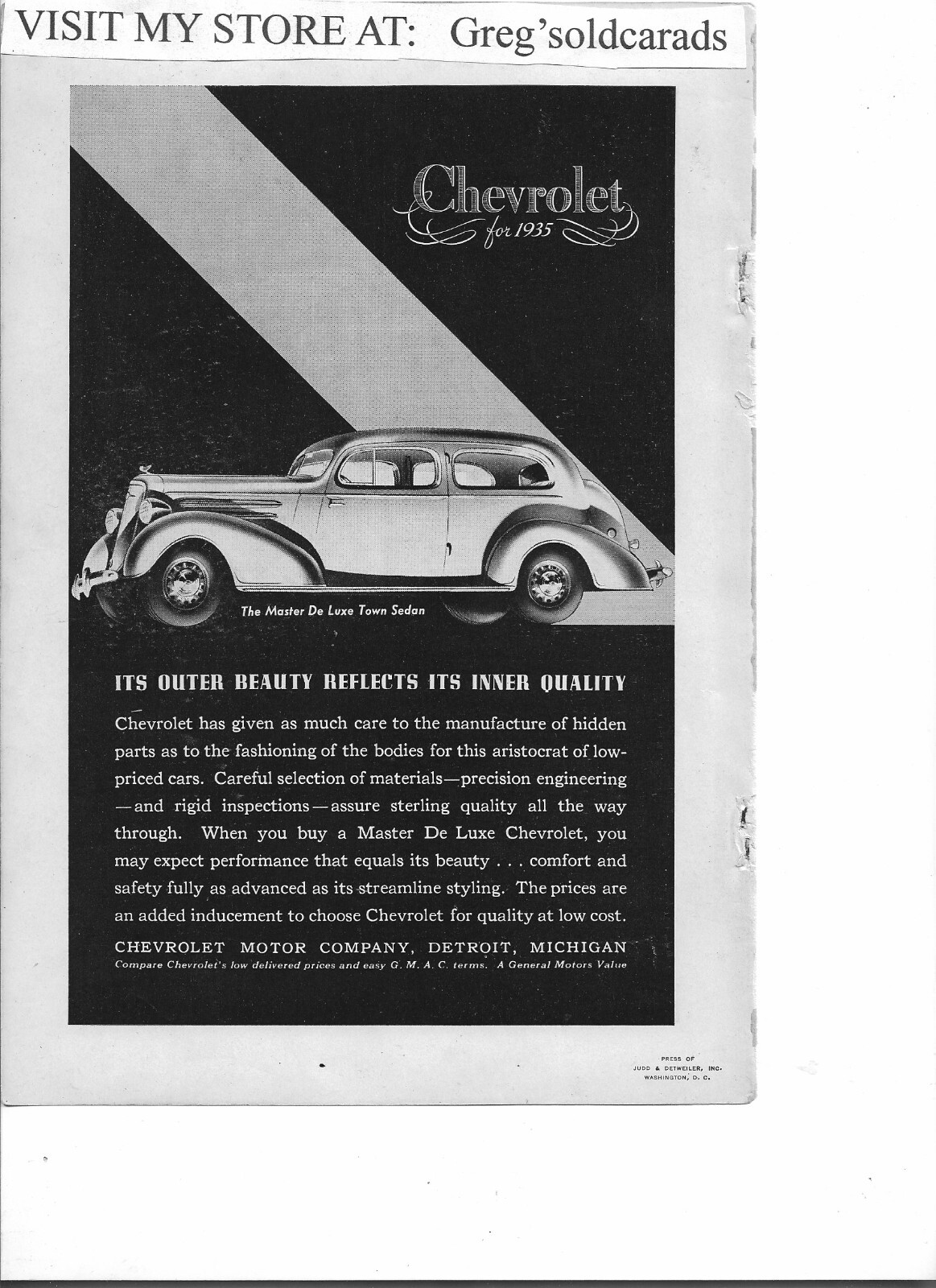 Original 1935  Chevrolet Master DeLuxe vintage print ad: "Its outer beauty ...