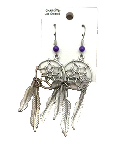 Earrings Dream Catcher Pierced Dangles NWT Charoite Lab Created New Old Stock