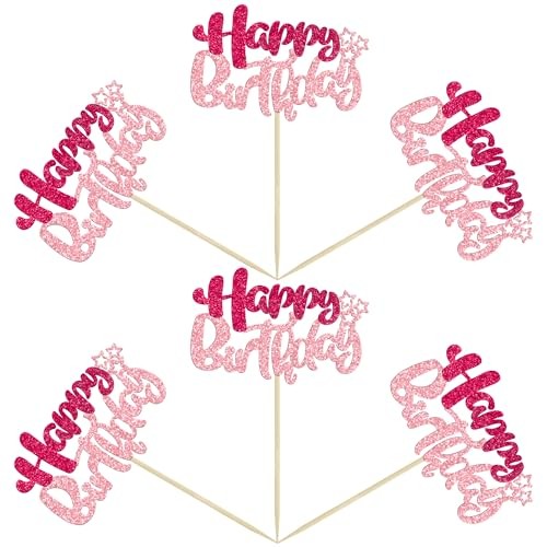 Ephlyn 24Pcs Happy Birthday Cupcake Toppers Double Layer Rose Red Pink Style 1