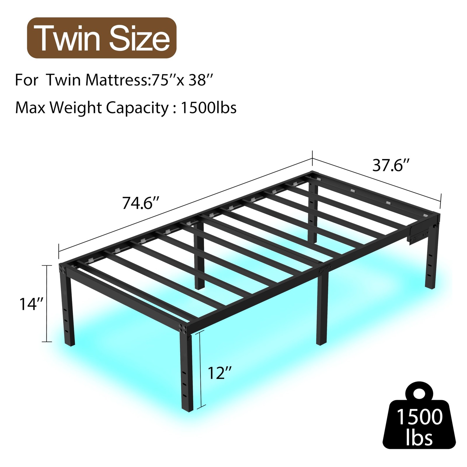 Twin Bed Frames 14 Inch Platform Bed Frame with Large Storage Space,Black Bed Fr