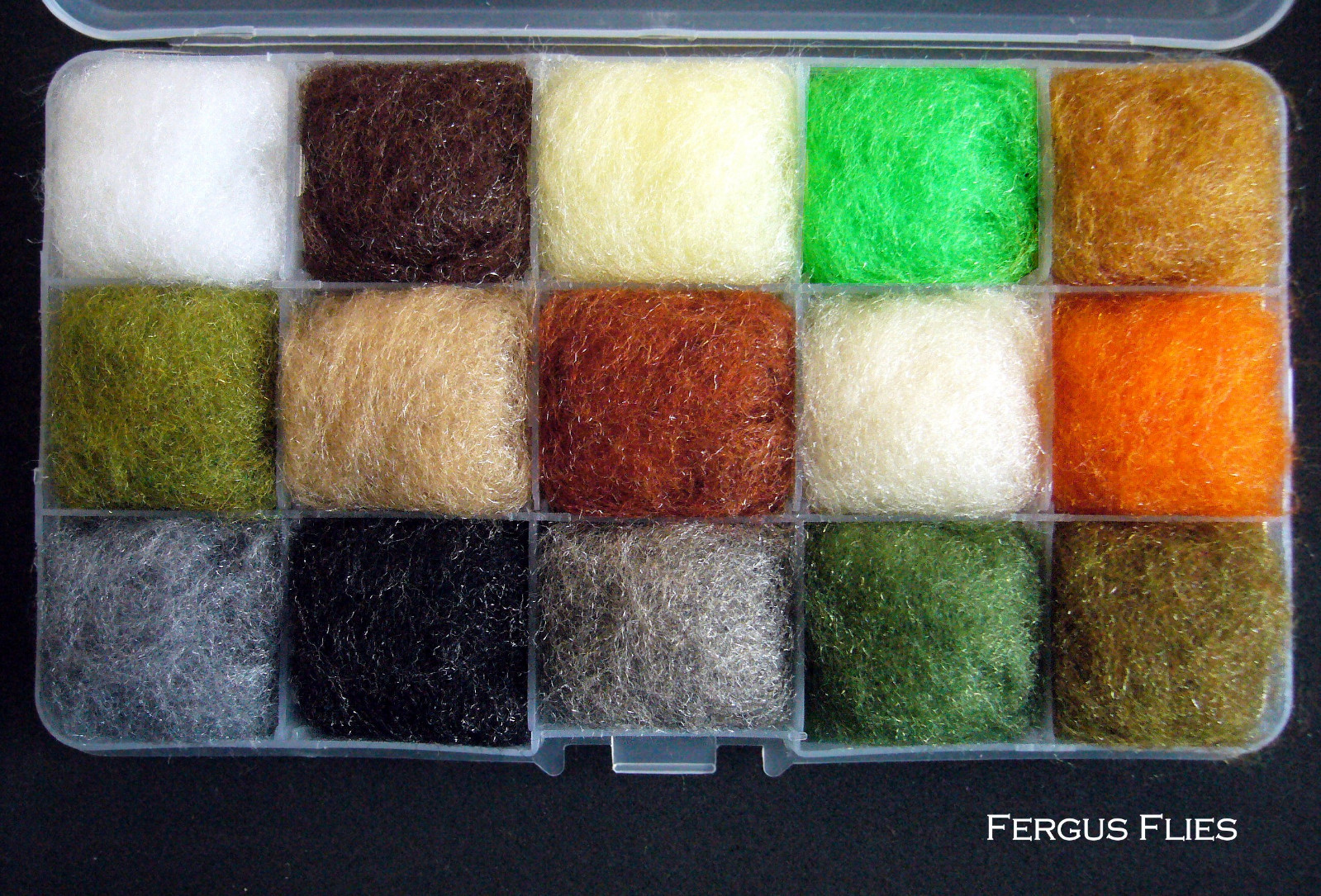 One Antron Dubbing Dispenser Box Fly Tying - Top Fifteen Colors.  Worldwide!