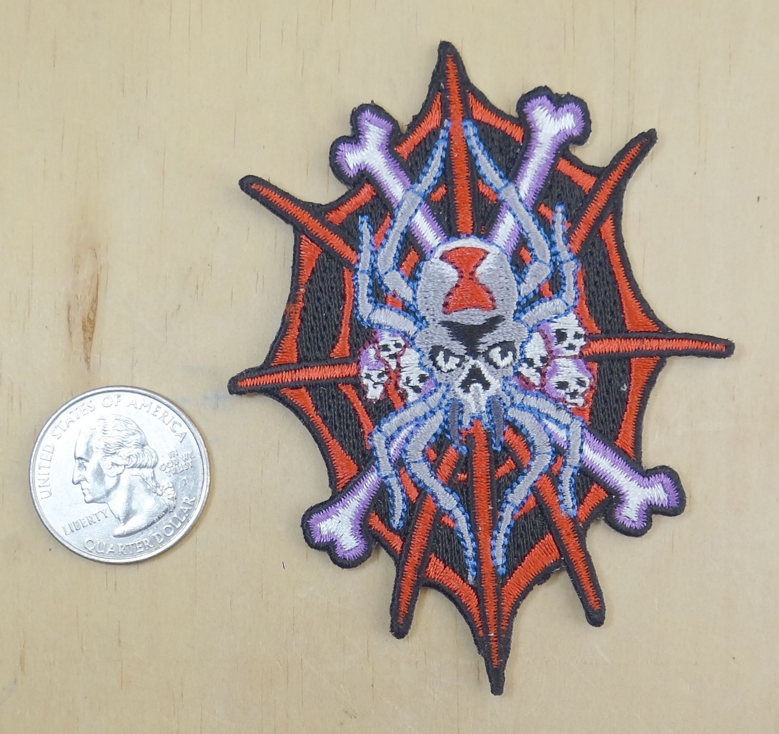 SKULL SPIDER ON WEB IRON-ON / SEW-ON EMBROIDERED PATCH 2 3/4"x 3 1/2 "