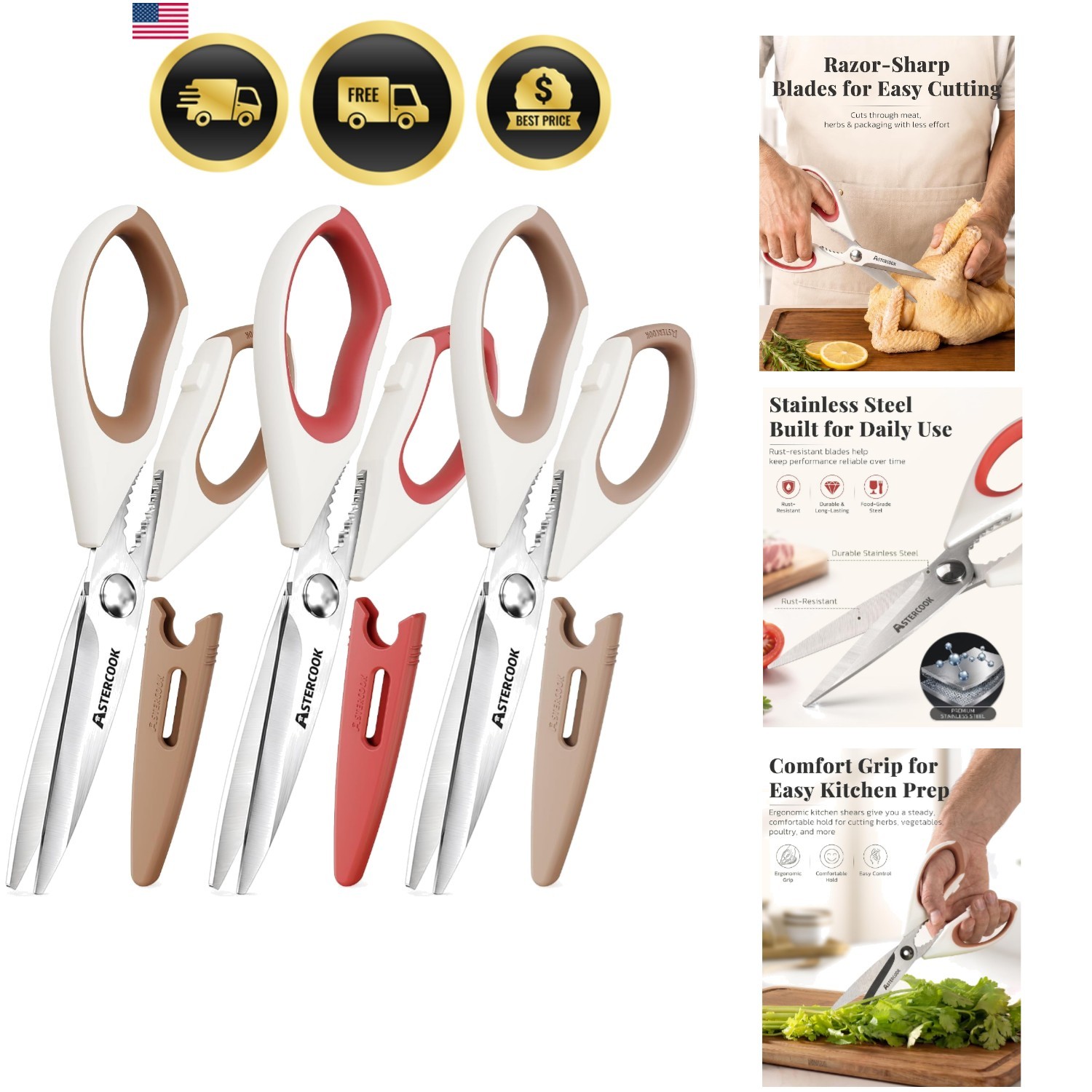 Kitchen Scissors 3 Pack Heavy Duty Food Shears Stainless Steel Kitchen Shears