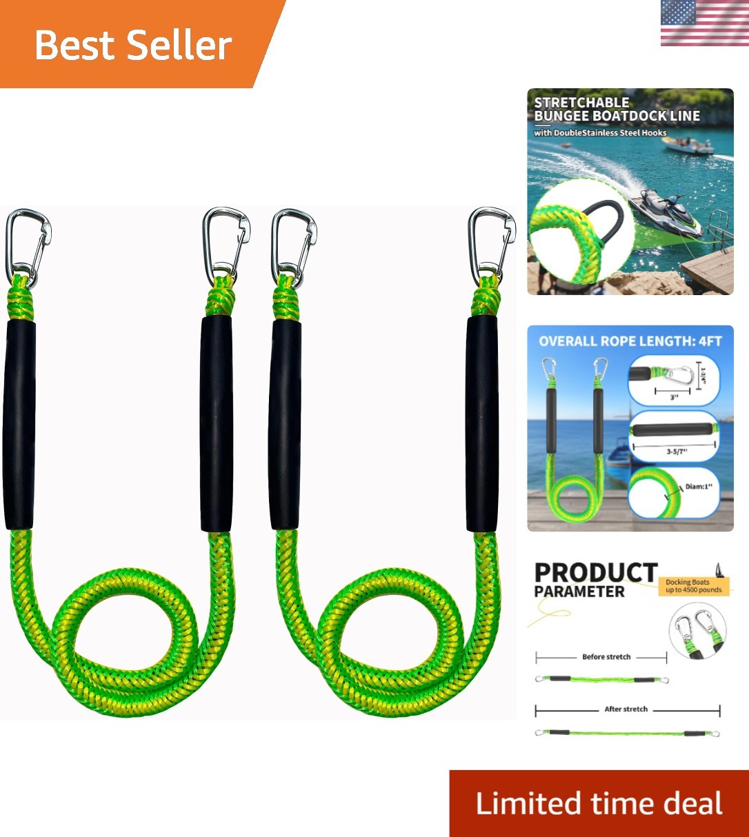 Bungee Boat Dock Line, Boat Rope with Double 316 Stainless Steel Clips Access...