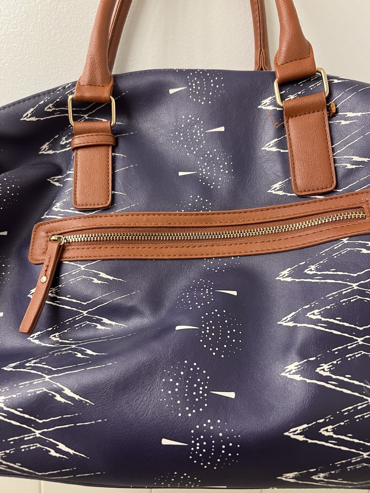 Geometric Blue pattern Duffle Bag Soft Case Brown Handles