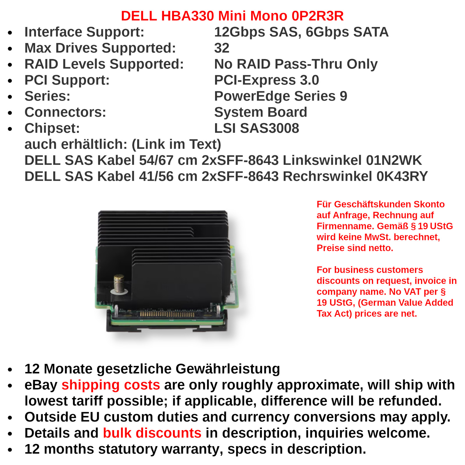 Dell HBA330 Mini Mono 12G SAS HBA IT Mode ZFS TrueNAS Proxmox JBOD 0P2R3R Unraid