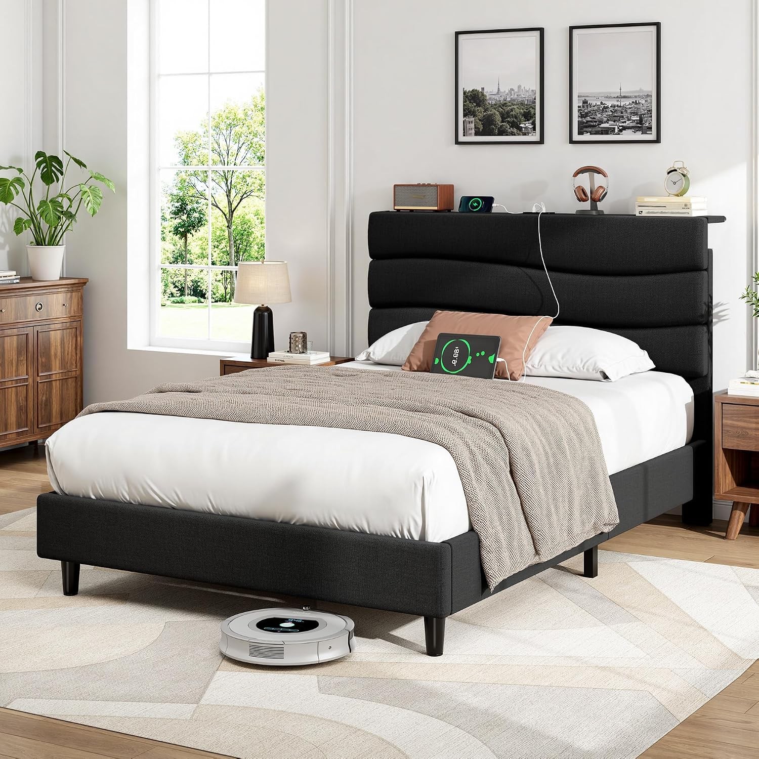 Twin Size Bed Frame W/ Adjustable Height Headboard Noise-Free Upholstered