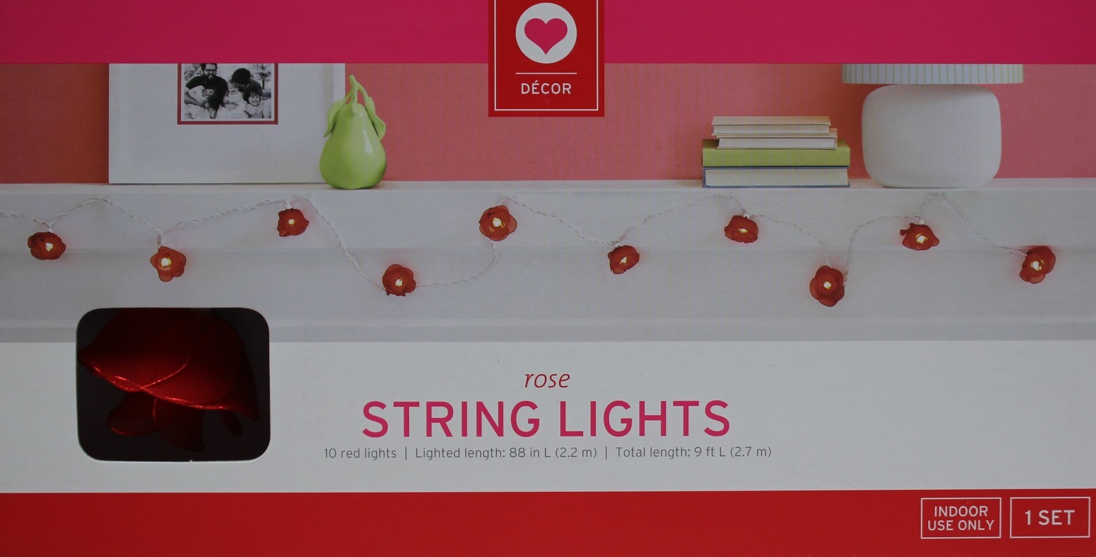 Valentine's Day 10 Red Rose String Lights 88 in Long Indoor Use Only NIB