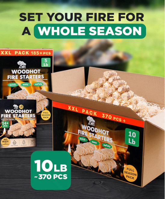 370 pcs Natural Fire Starters 10lb Box - Long Burning, Quick Ignite, Odorless