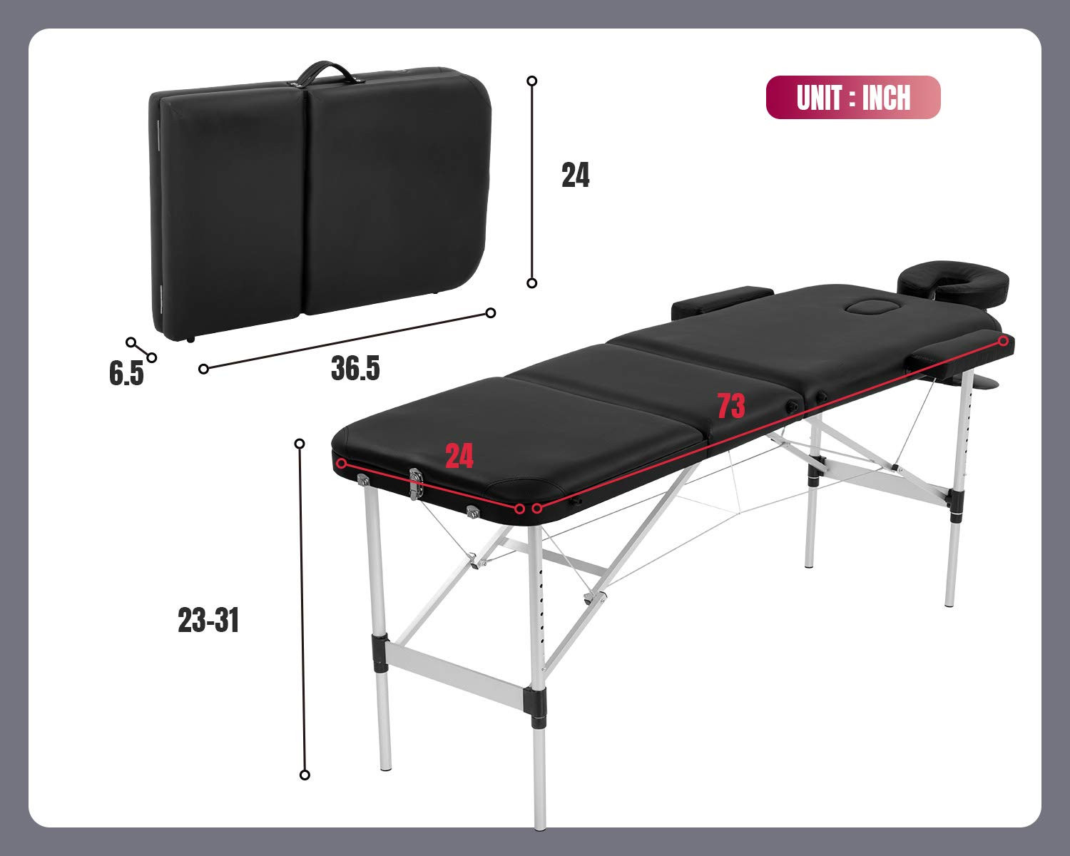 Adjustable Portable Aluminium Massage Table with Carry Case - 73 Inch Black