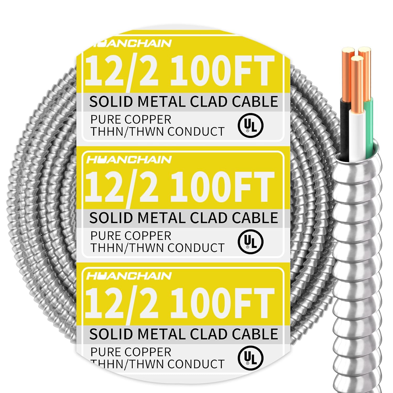 12/2 MC Cable with Ground 100 FT 12 Gauge 2 Conductors Electrical Wire with Alum