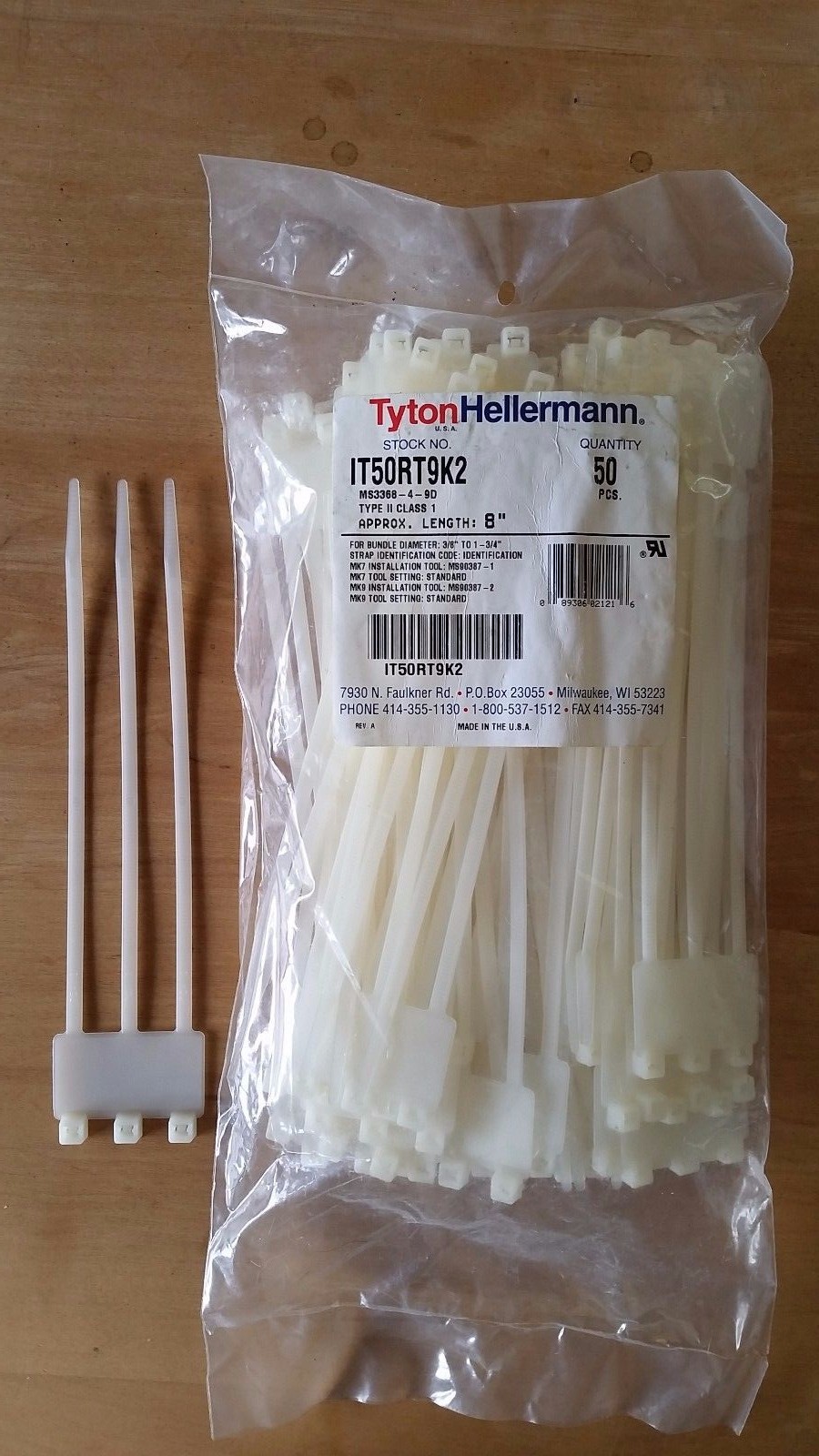 8" x3 Identification Labeling Cable Zip Ties, Tyton Hellermann IT50RT9K2 -pkg 50