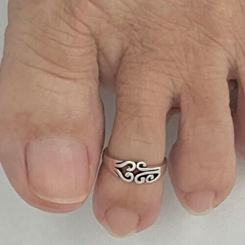 Solid Metal 925 Silver Ladies Swirl Heart Adjustable Toe Ring White Gold Plated