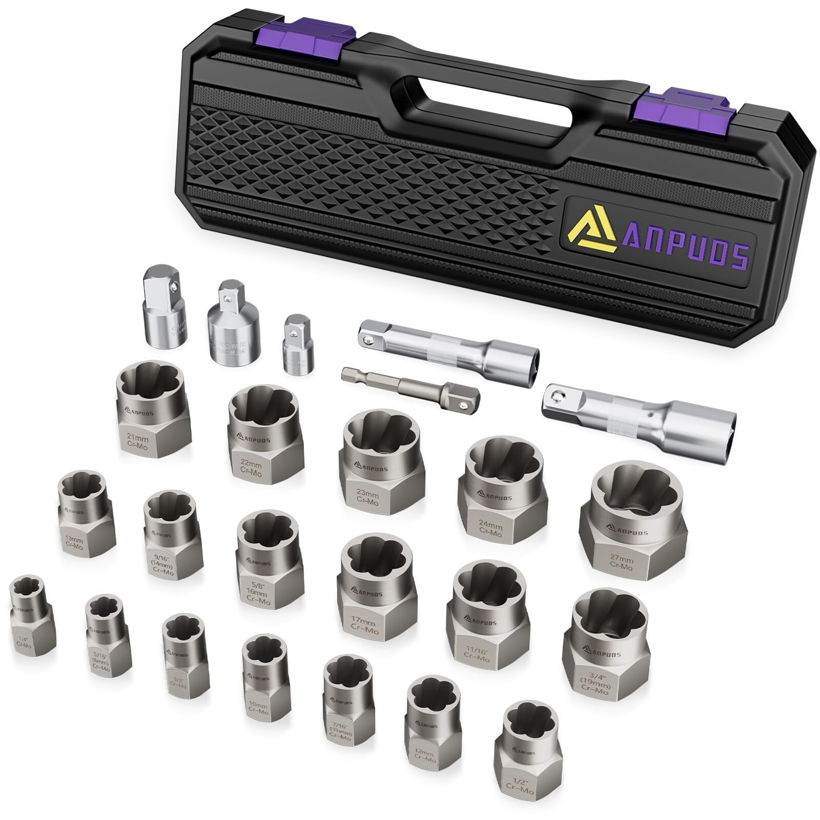24 Piece Bolt Extractor Kit, 1/2" and 3/8" Drive Impact Bolt & Nut Remover Se...