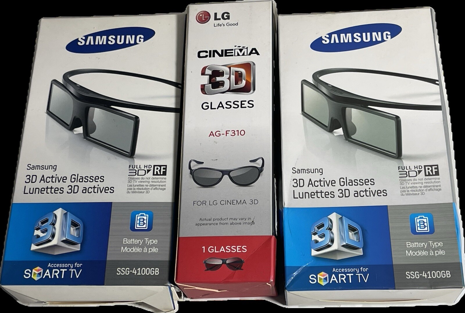 Set of 3 Active 3D Glasses 2 SAMSUNG SSG-4100GB and 1 LG AG-F310